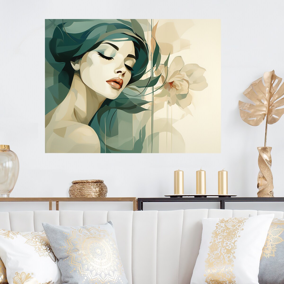 Designart "Green And Beige Woman Silhouette I" Fashion Woman Metal Wall Art Green Metal Wall Décor Glam Metal Art Work