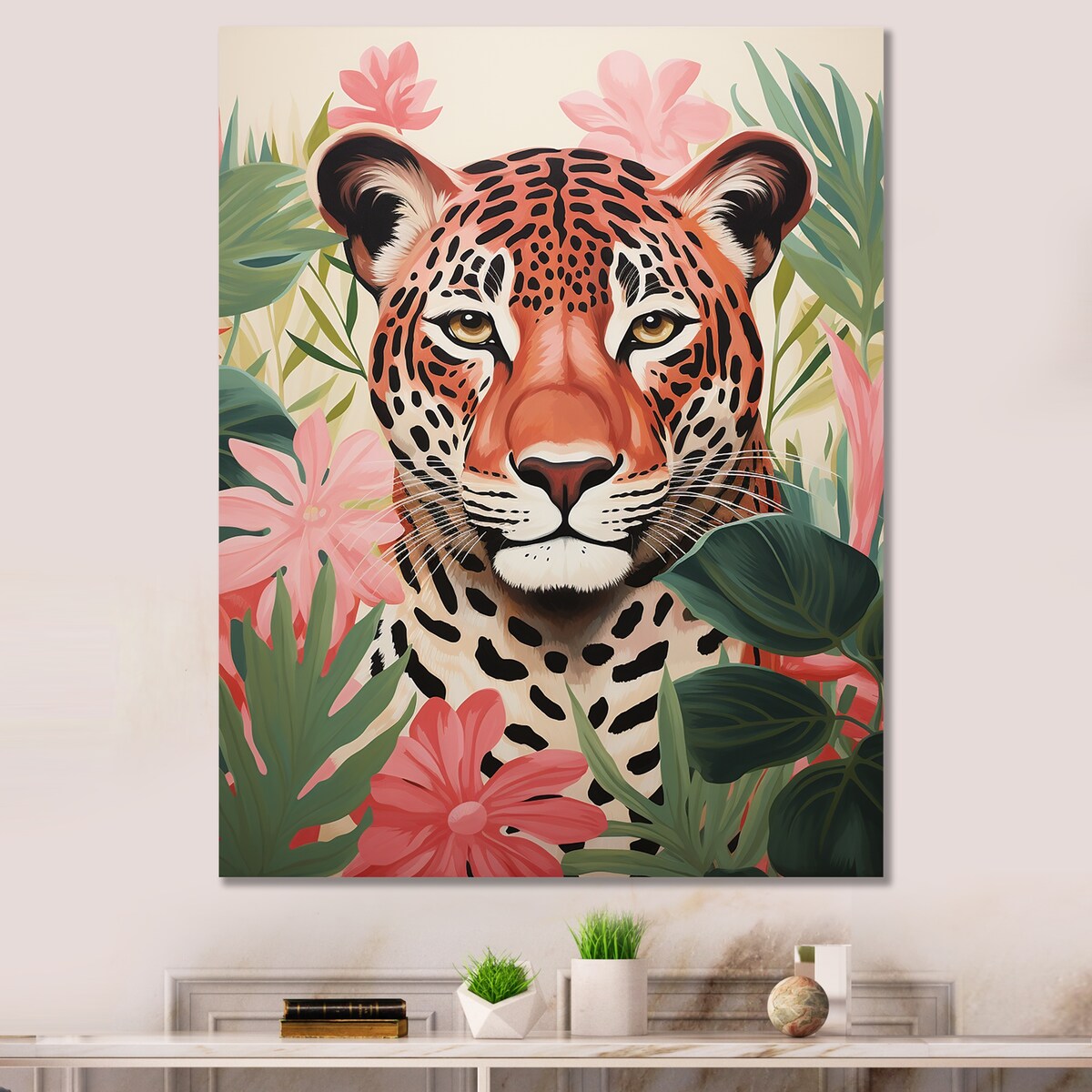 Designart "Green And Pink Leopard In Jungle III" Leopard Wall Décor Pink - Modern Print Art For Living Room