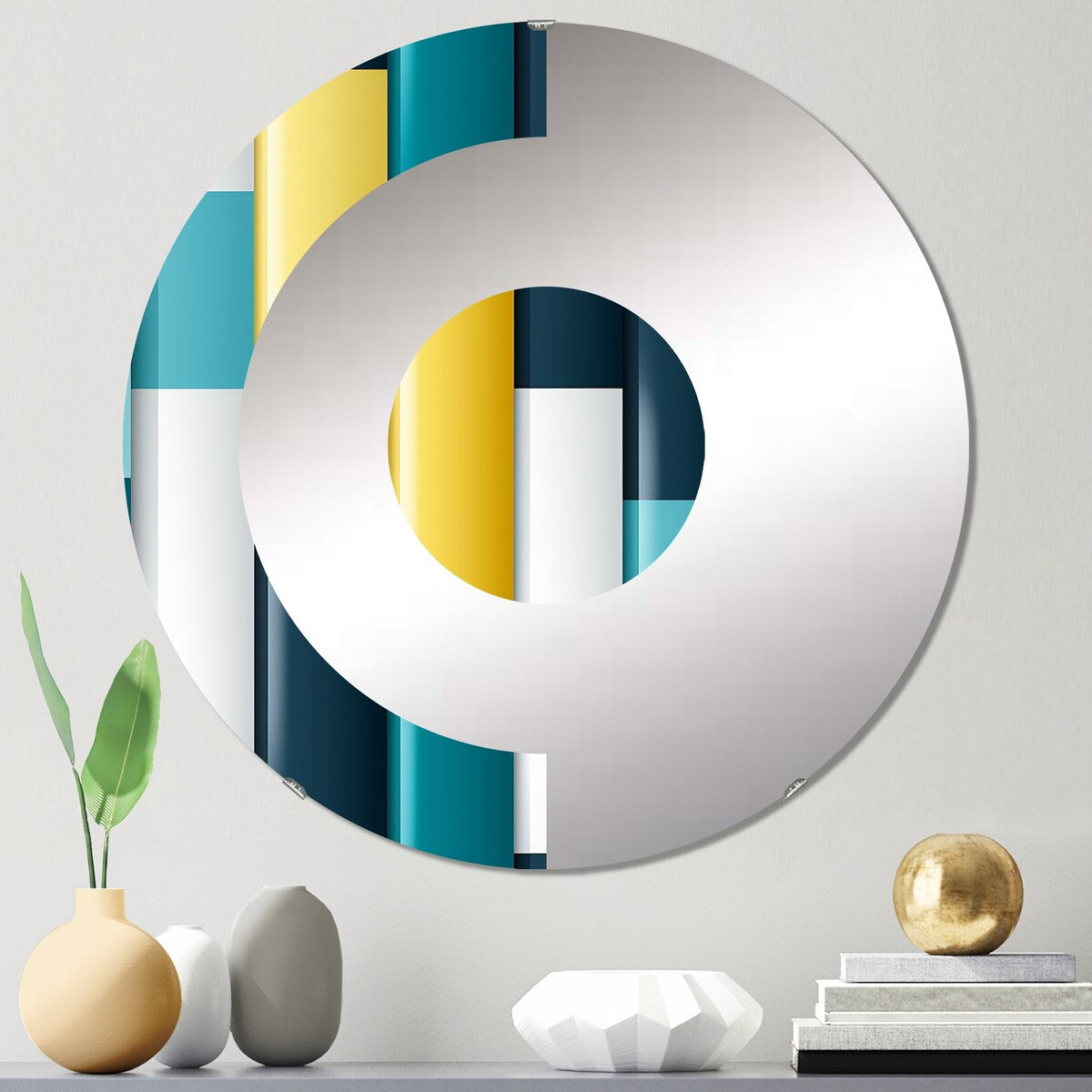 Designart "Green And Yellow Stripes Harmony" - Modern Striped, Abstract Half Circle Wall Mirror