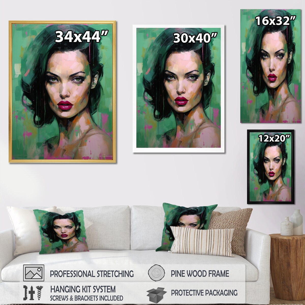 Designart "Green Jade Jolie Portrait IV" Woman Pop Art Framed Wall Art Prints
