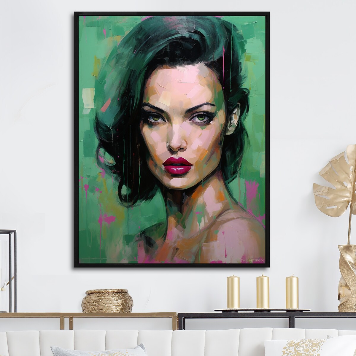 Designart "Green Jade Jolie Portrait IV" Woman Pop Art Framed Wall Art Prints
