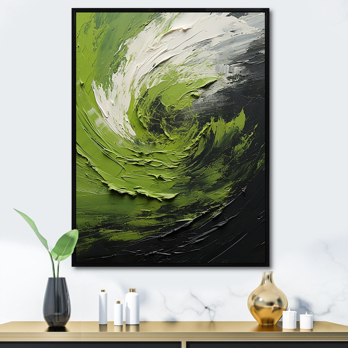 Designart "Green Serene Spiral Dreams I" Abstract Spirals Framed Wall Art Prints