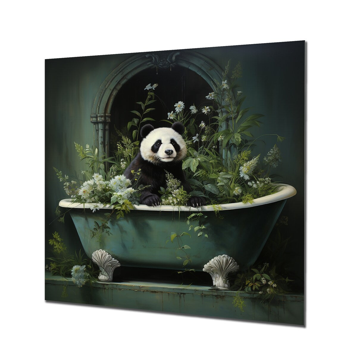 Designart "Green Tranquil Panda Bath II" Raven Animal Metal Wall Art - Green Metal Wall Décor Modern Metal Art Work