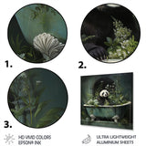 Designart "Green Tranquil Panda Bath II" Raven Animal Metal Wall Art - Green Metal Wall Décor Modern Metal Art Work