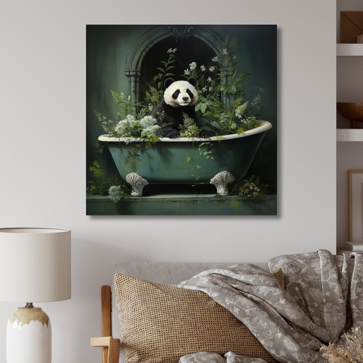 Designart "Green Tranquil Panda Bath II" Raven Animal Metal Wall Art - Green Metal Wall Décor Modern Metal Art Work
