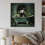 Designart "Green Tranquil Panda Bath II" Raven Animal Metal Wall Art - Green Metal Wall Décor Modern Metal Art Work
