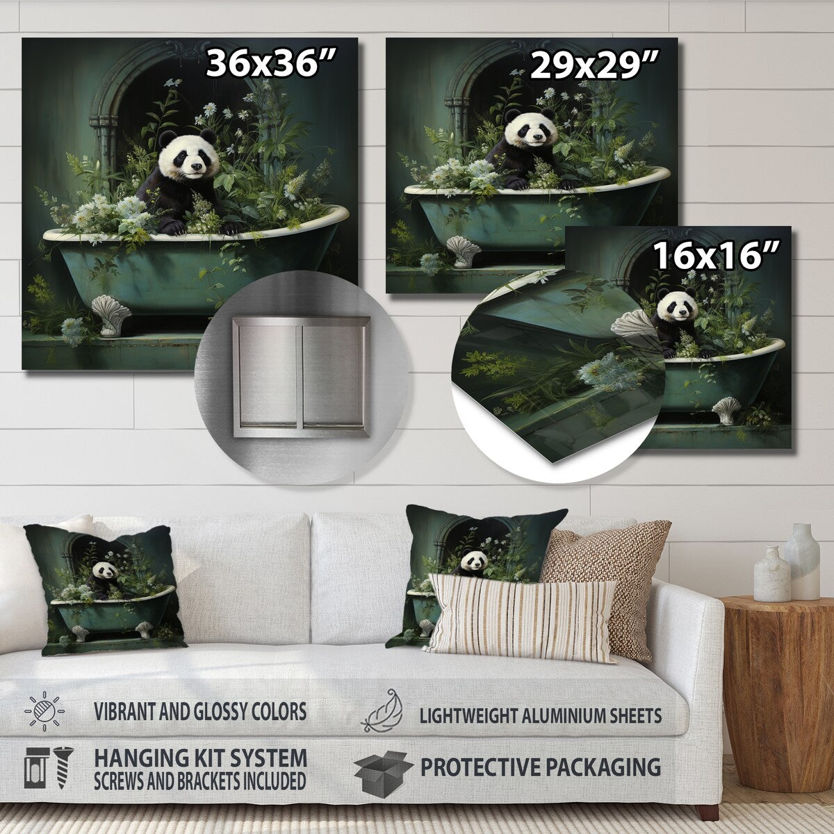 Designart "Green Tranquil Panda Bath II" Raven Animal Metal Wall Art - Green Metal Wall Décor Modern Metal Art Work
