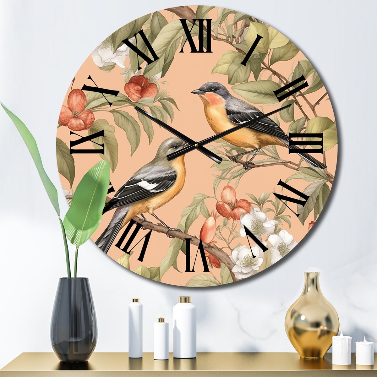 Designart "Green Yellow Birds On Trees" Animals Oversized Wall Clock