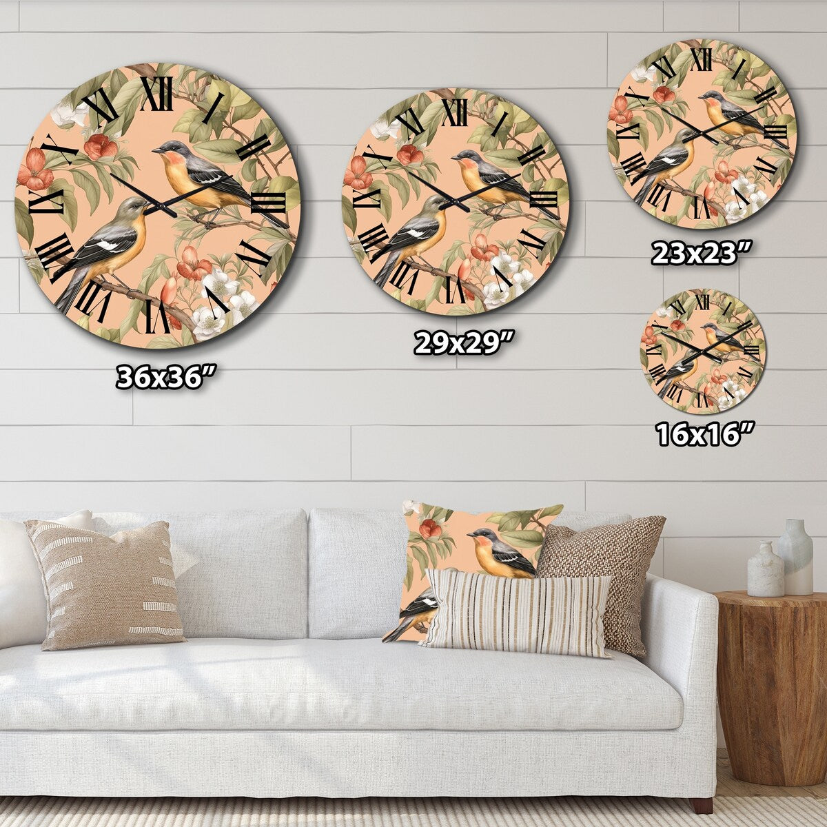 Designart "Green Yellow Birds On Trees" Animals Oversized Wall Clock