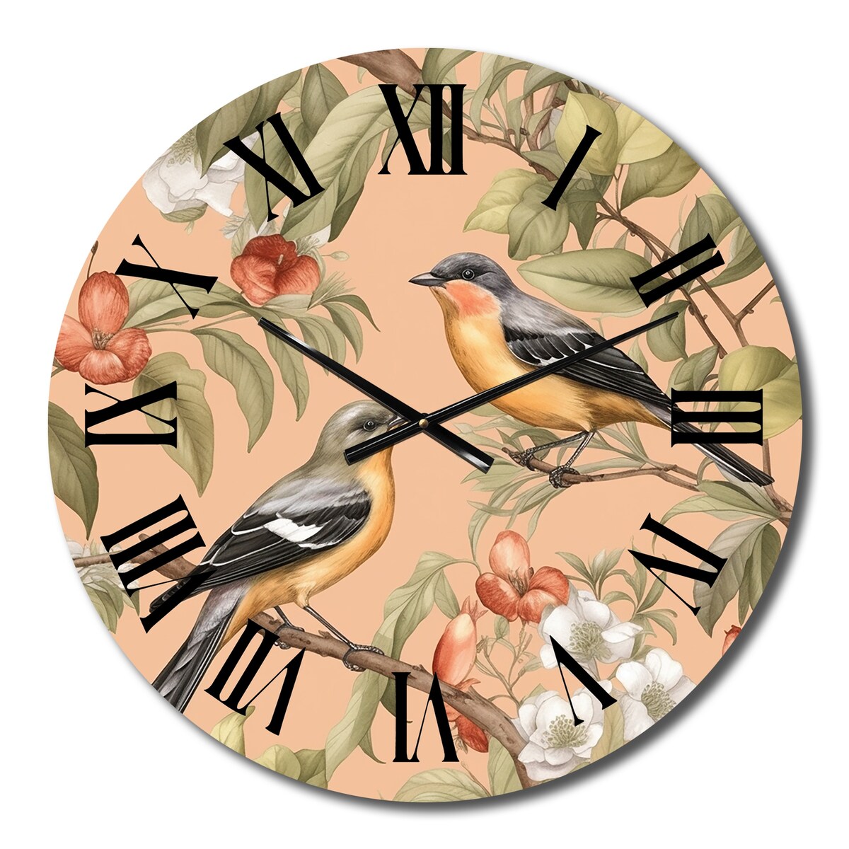 Designart "Green Yellow Birds On Trees" Animals Oversized Wall Clock