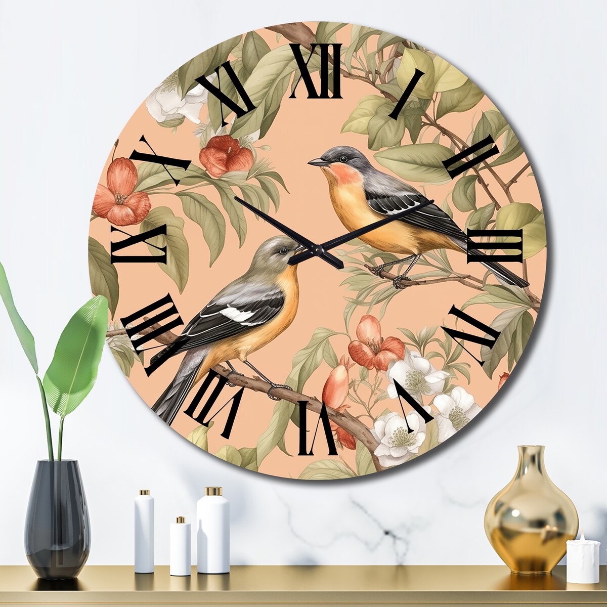 Designart "Green Yellow Birds On Trees" Animals Oversized Wall Clock
