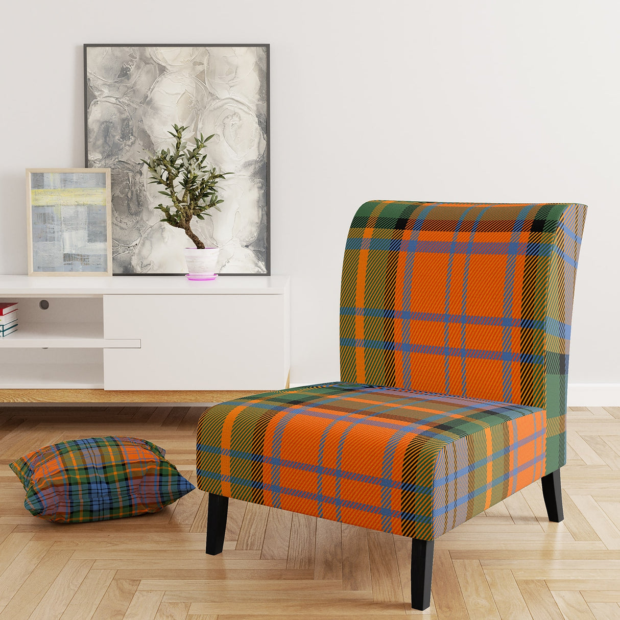 Designart "Green and Orange Checked Tartan" Upholstered Patterned Accent Chair and Arm Chair