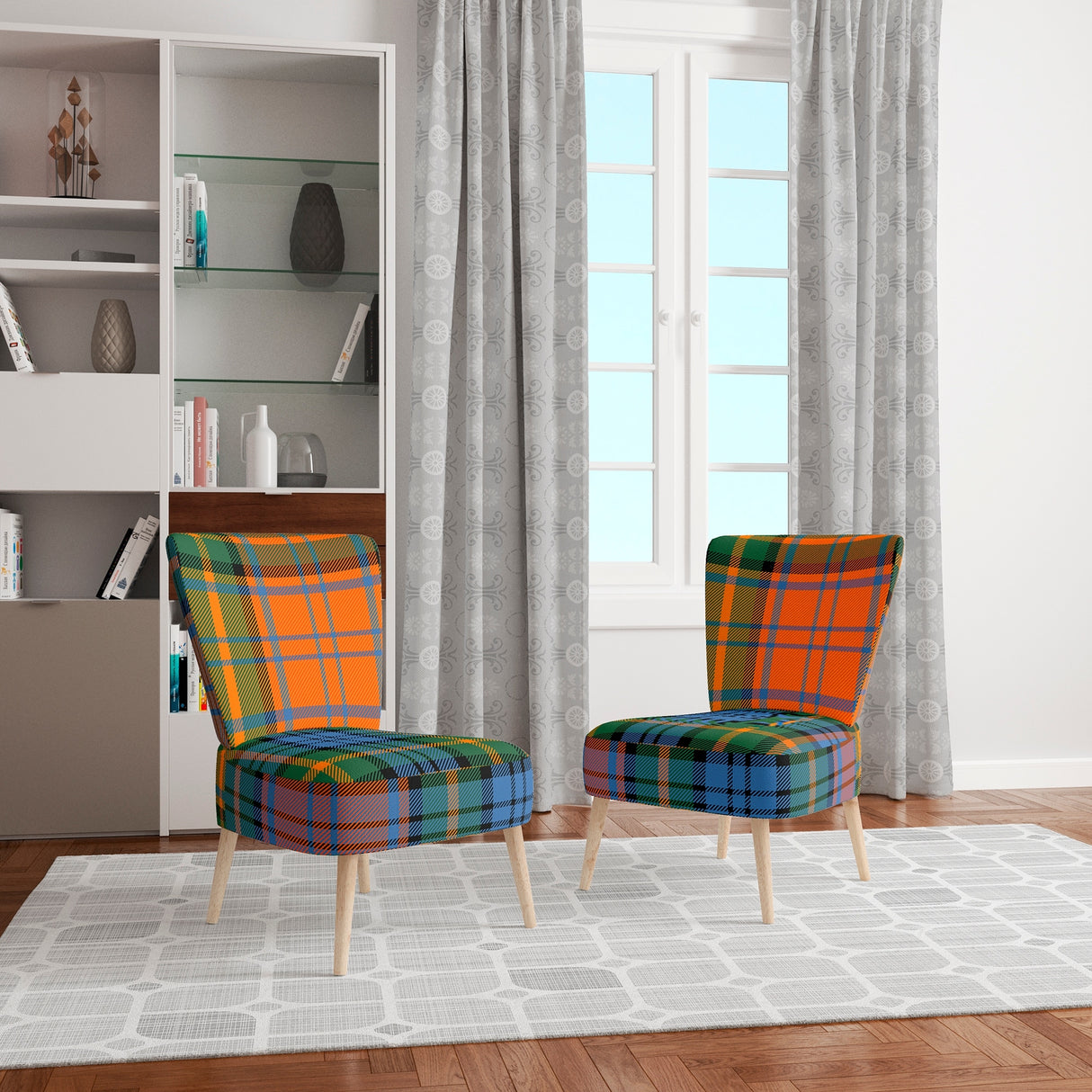 Designart "Green and Orange Checked Tartan" Upholstered Patterned Accent Chair and Arm Chair