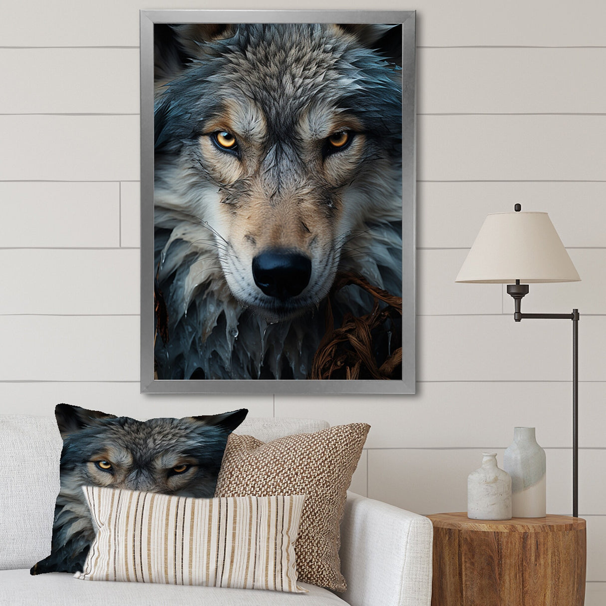 Designart "Grey And White Wolf Portrait III" Animals Wolf Framed Canvas Art Print