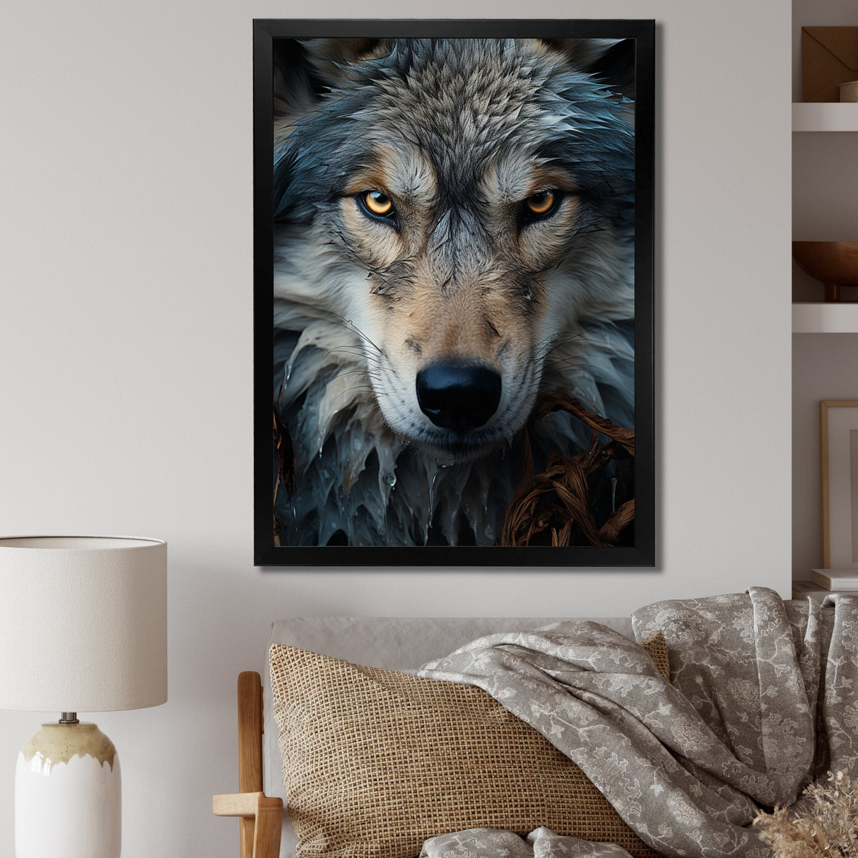Designart "Grey And White Wolf Portrait III" Animals Wolf Framed Canvas Art Print