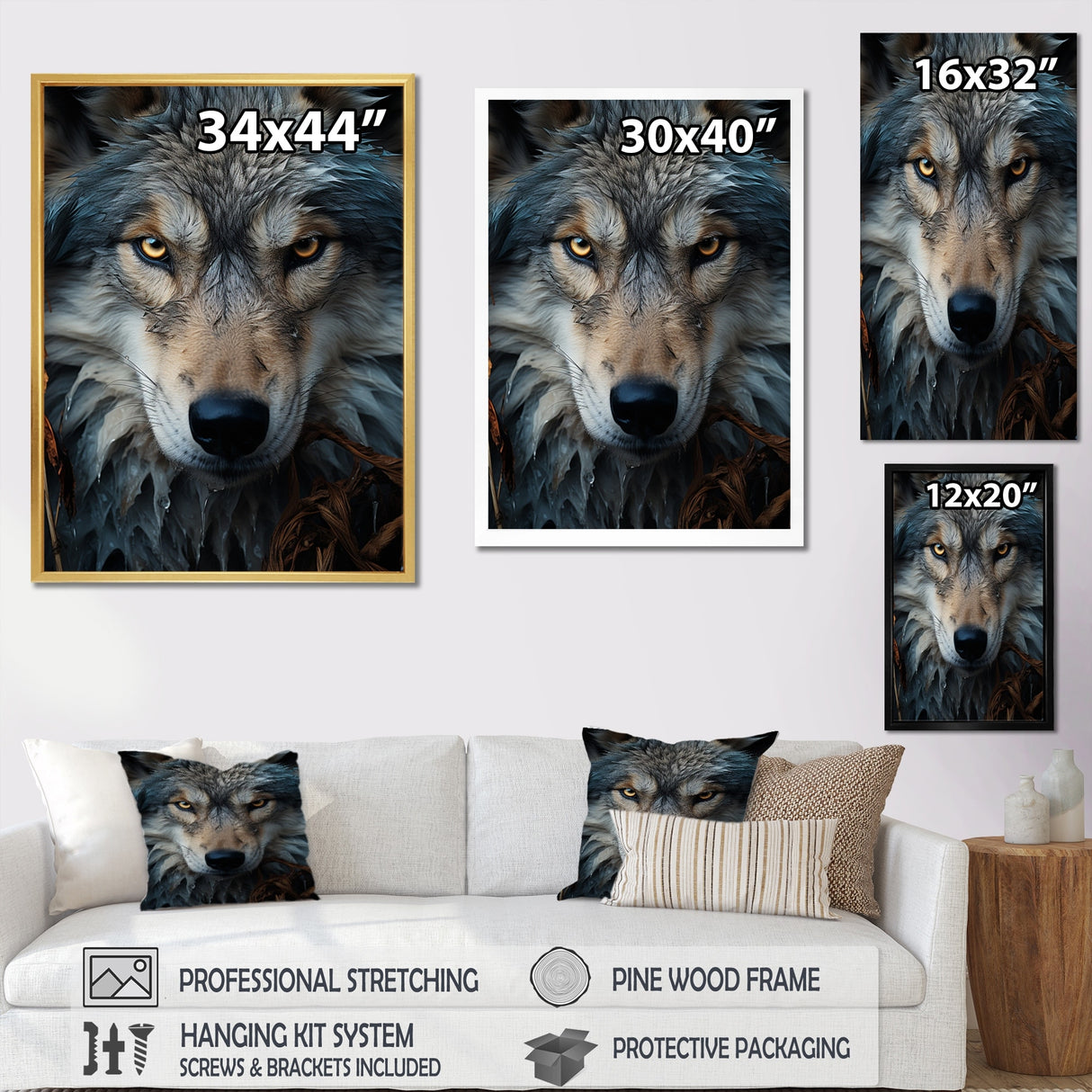 Designart "Grey And White Wolf Portrait III" Animals Wolf Framed Canvas Art Print