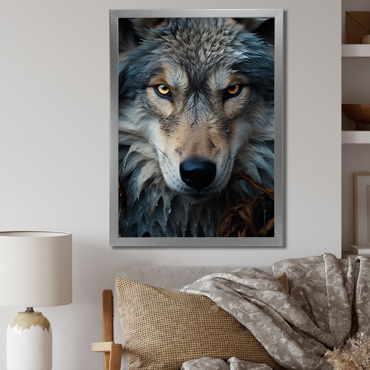 Designart "Grey And White Wolf Portrait III" Animals Wolf Framed Canvas Art Print