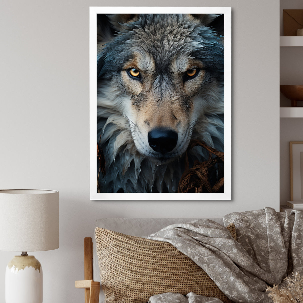 Designart "Grey And White Wolf Portrait III" Animals Wolf Framed Canvas Art Print