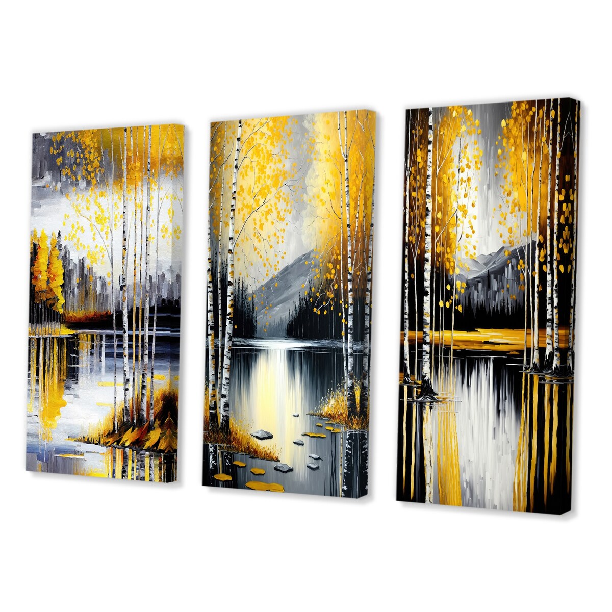 Designart "Grey And Yellow Birch Trees By The Lake I" Landscape & Nature Wall Art Set Of 3 Gallery Set For Office Decor