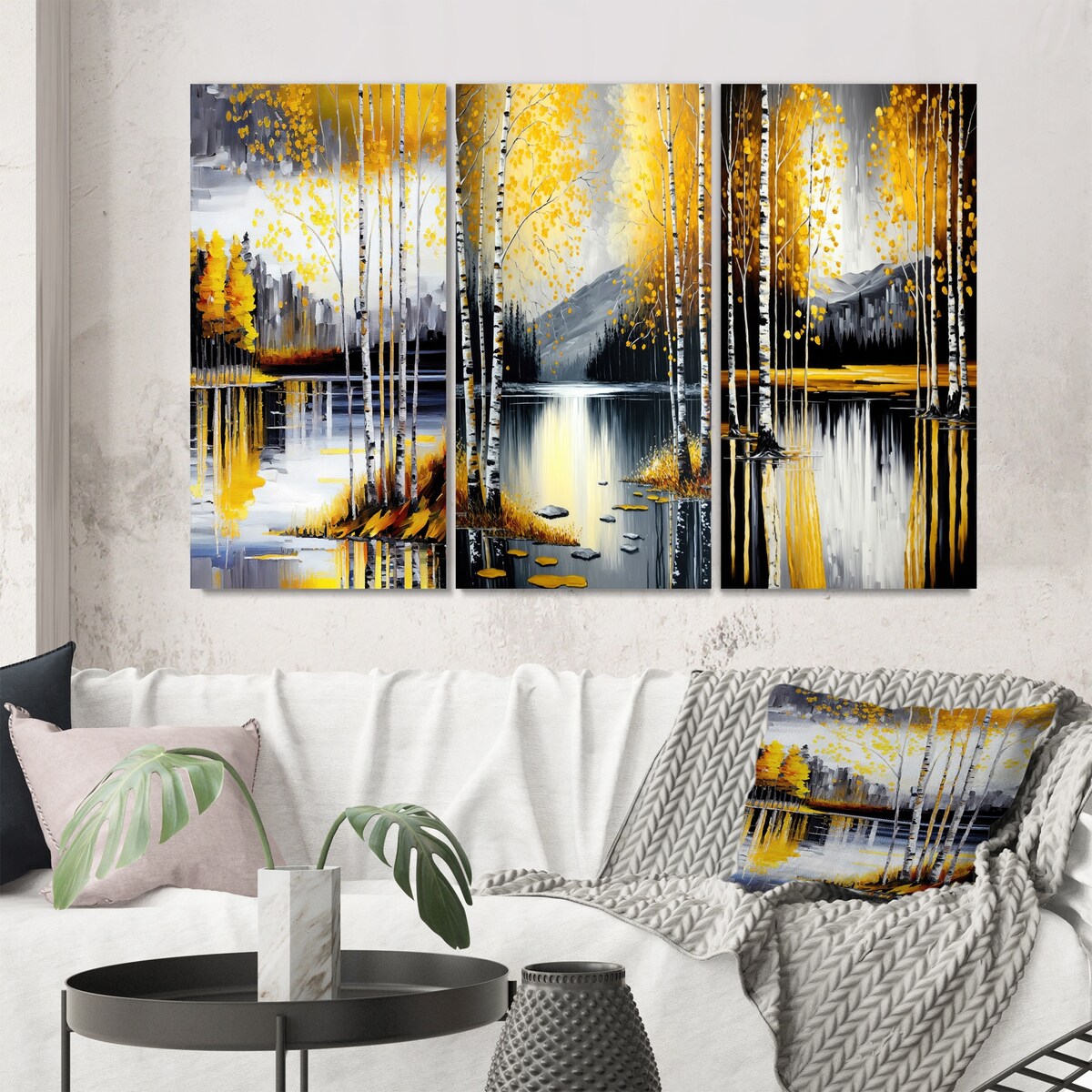 Designart "Grey And Yellow Birch Trees By The Lake I" Landscape & Nature Wall Art Set Of 3 Gallery Set For Office Decor