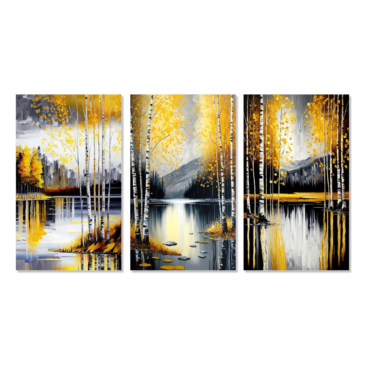 Designart "Grey And Yellow Birch Trees By The Lake I" Landscape & Nature Wall Art Set Of 3 Gallery Set For Office Decor
