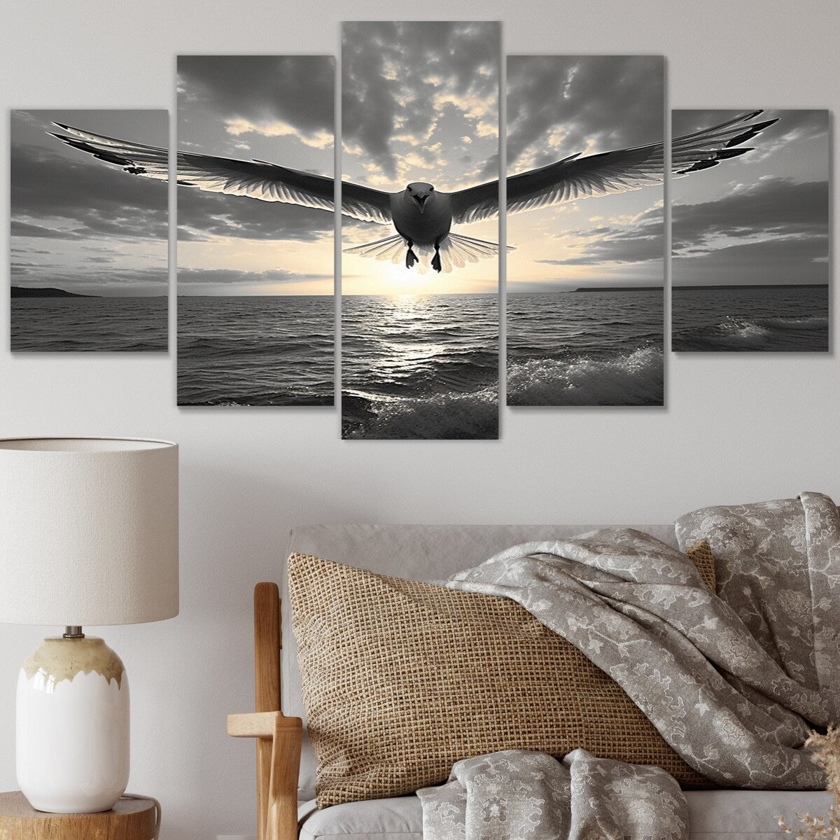 Designart "Grey Beach Seagulls In Flight V" Animals Metal Wall Decor Set