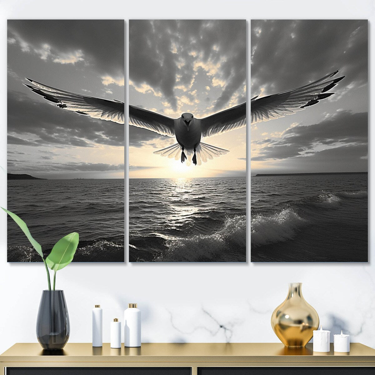 Designart "Grey Beach Seagulls In Flight V" Animals Metal Wall Decor Set