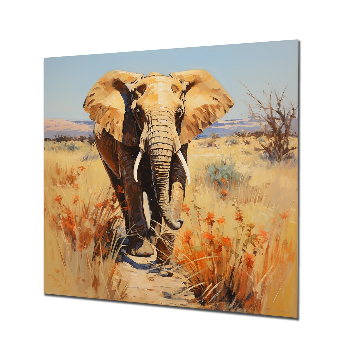 Designart "Grey Elephant In African Horizon" Elephant Animal Metal Wall Art - Yellow Metal Art Modern Metal Art Work