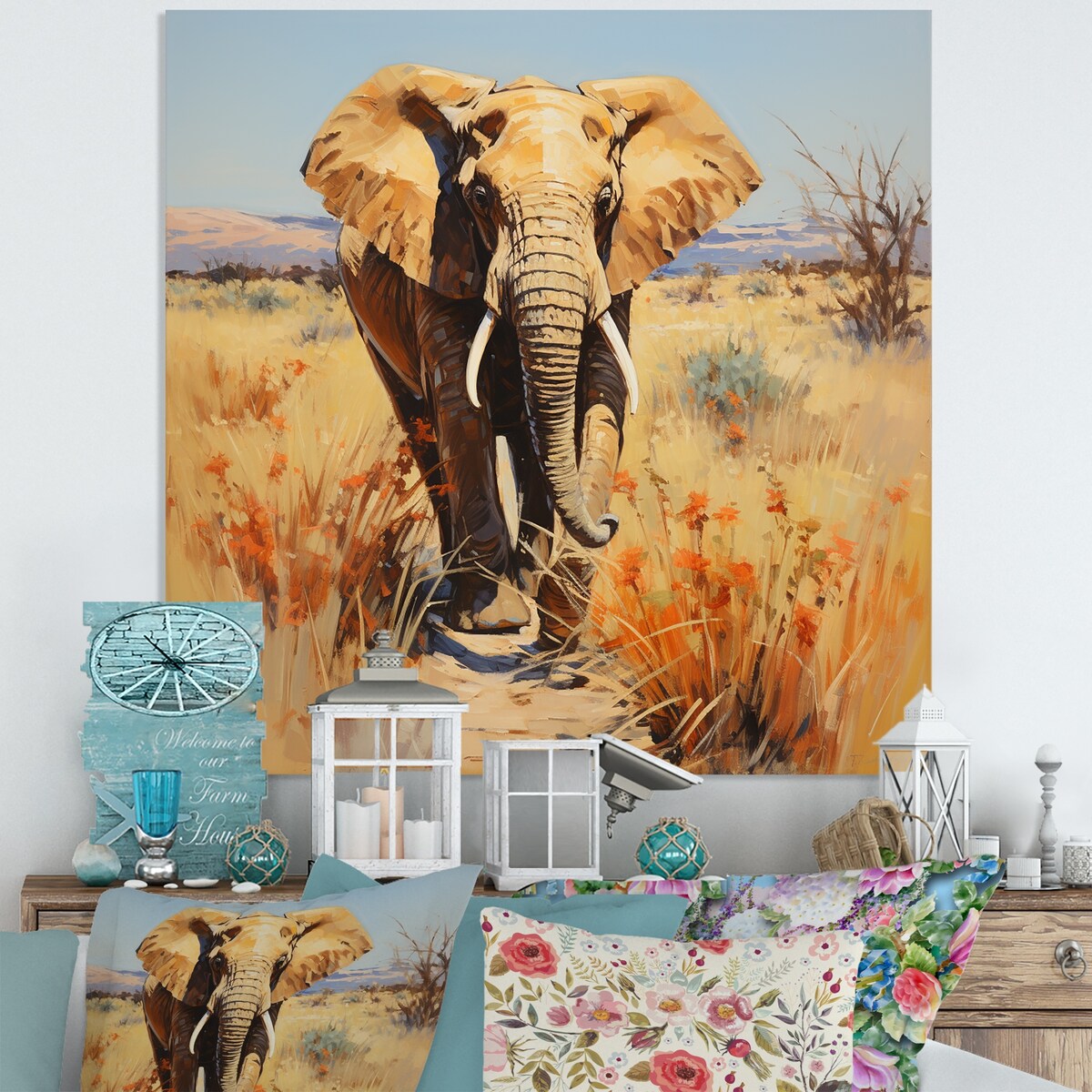 Designart "Grey Elephant In African Horizon" Elephant Animal Metal Wall Art - Yellow Metal Art Modern Metal Art Work