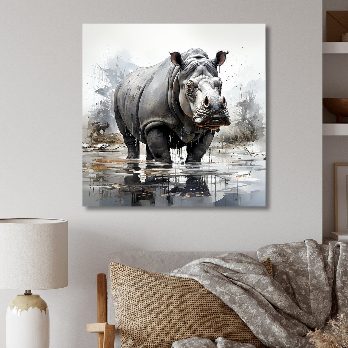 Designart "Grey Majestic Hippo Elegance IV" Hippopotamusmetal Wall Art - Grey Metal Wall Décor Modern Metal Art Work