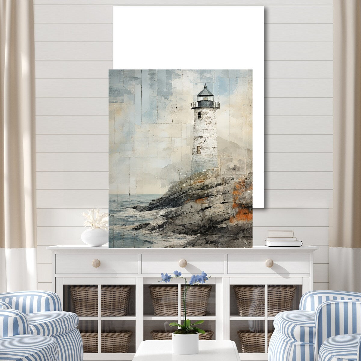 Designart "Grey Minimal Coastal Light House I" Beach Light House Wall Art