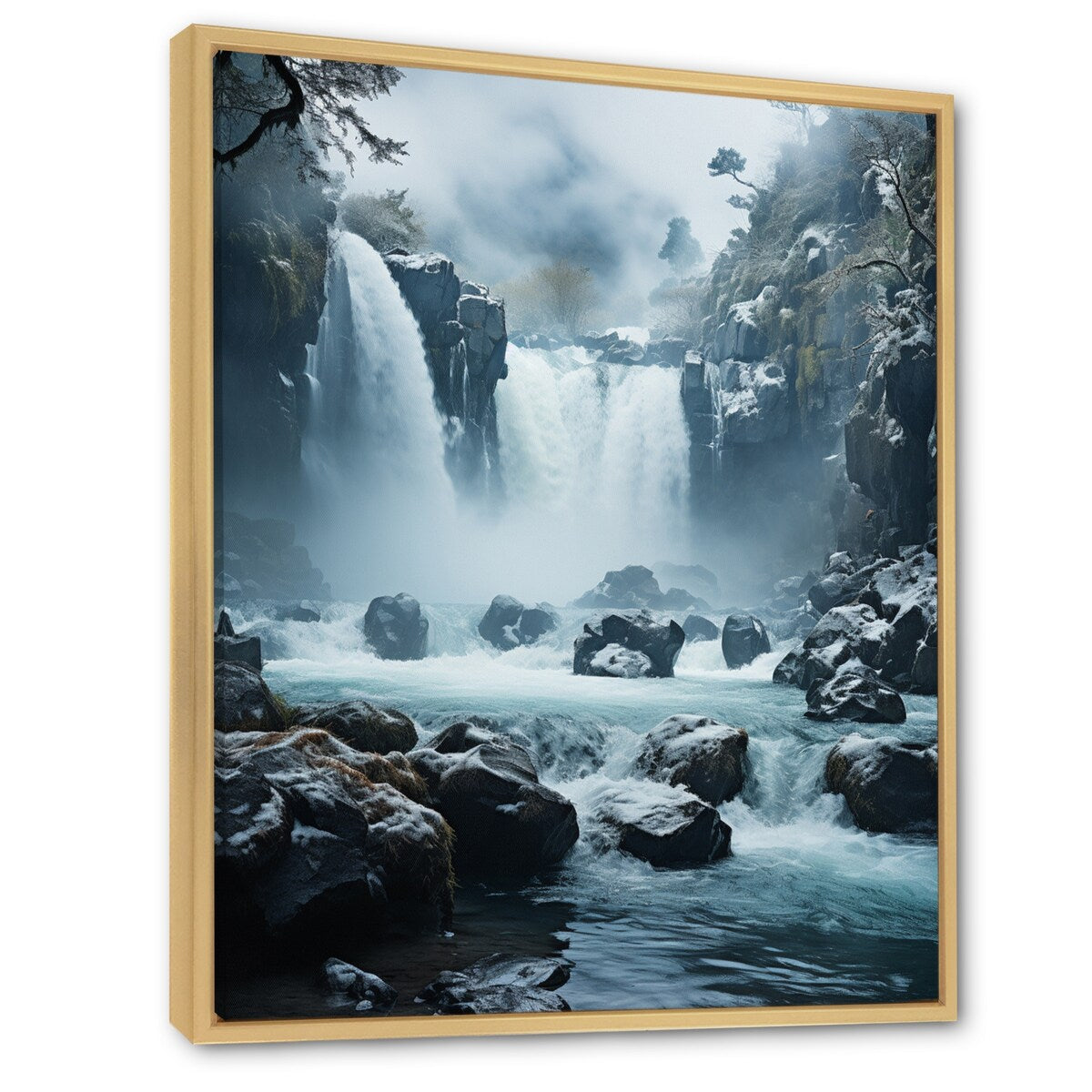 Designart "Grey White Waterfall Frozen Symphony I" Waterfall Framed Canvas Wall Art
