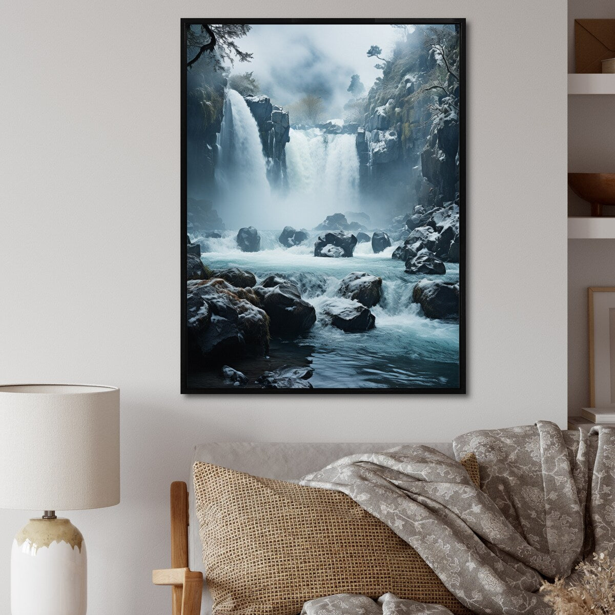 Designart "Grey White Waterfall Frozen Symphony I" Waterfall Framed Canvas Wall Art