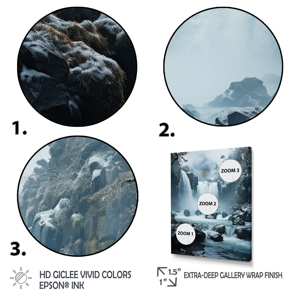 Designart "Grey White Waterfall Frozen Symphony I" Waterfall Framed Canvas Wall Art