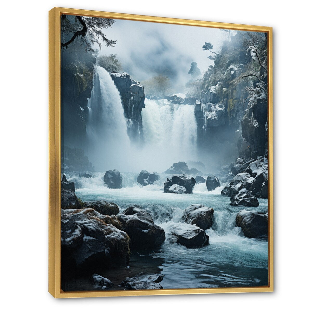 Designart "Grey White Waterfall Frozen Symphony I" Waterfall Framed Canvas Wall Art