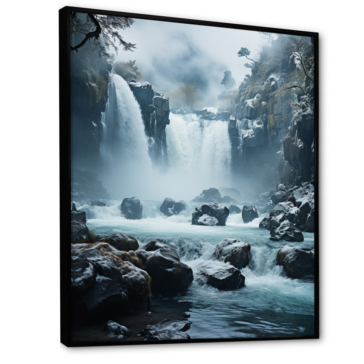 Designart "Grey White Waterfall Frozen Symphony I" Waterfall Framed Canvas Wall Art