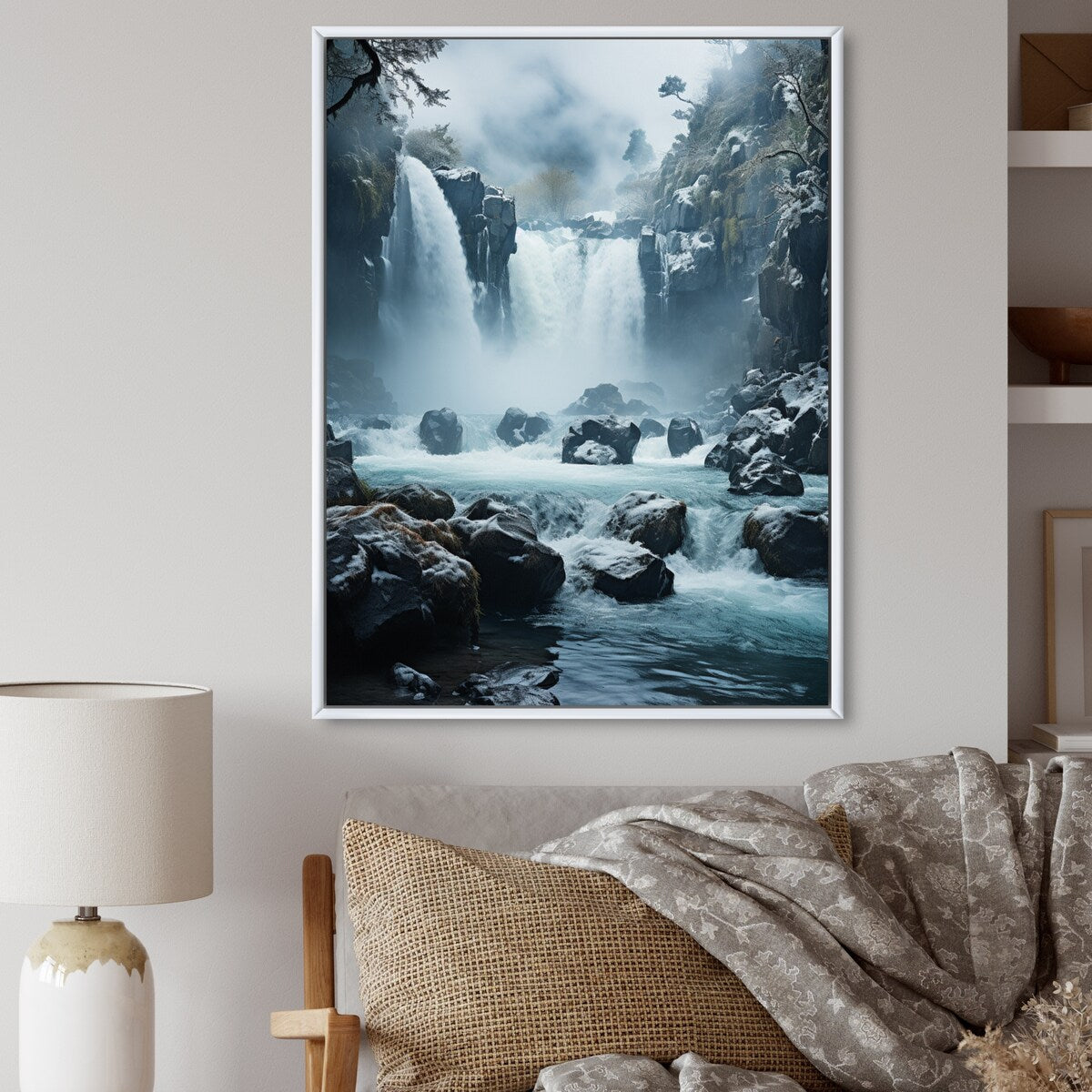Designart "Grey White Waterfall Frozen Symphony I" Waterfall Framed Canvas Wall Art