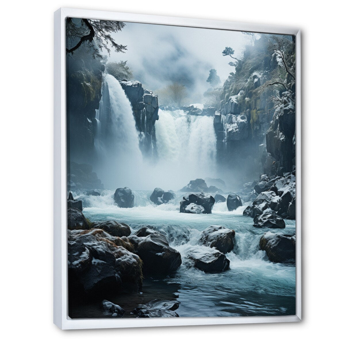 Designart "Grey White Waterfall Frozen Symphony I" Waterfall Framed Canvas Wall Art
