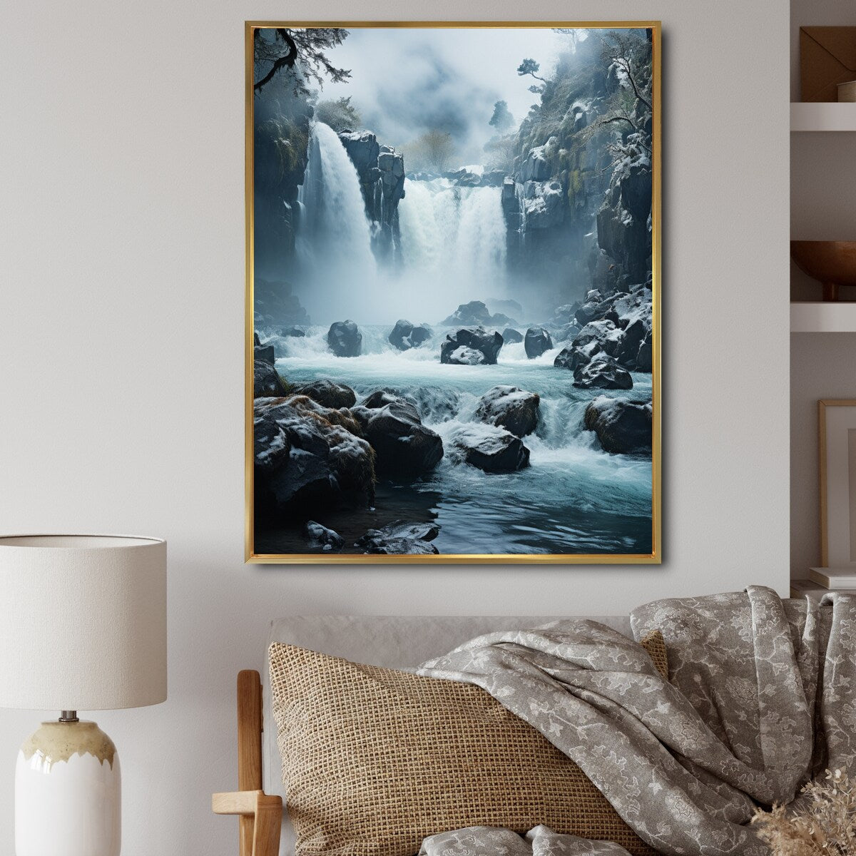 Designart "Grey White Waterfall Frozen Symphony I" Waterfall Framed Canvas Wall Art