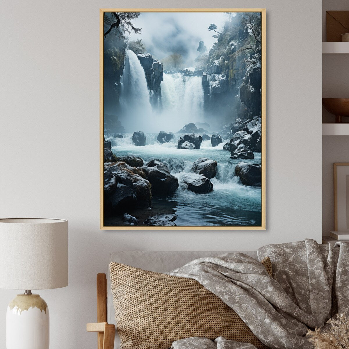 Designart "Grey White Waterfall Frozen Symphony I" Waterfall Framed Canvas Wall Art