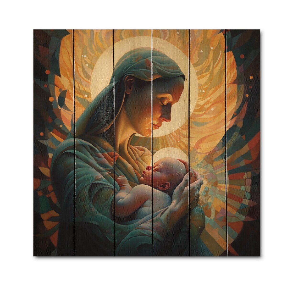 Designart "Guardian Angel Embracing The Baby V" Religious Woman Print on Natural Pine Wood