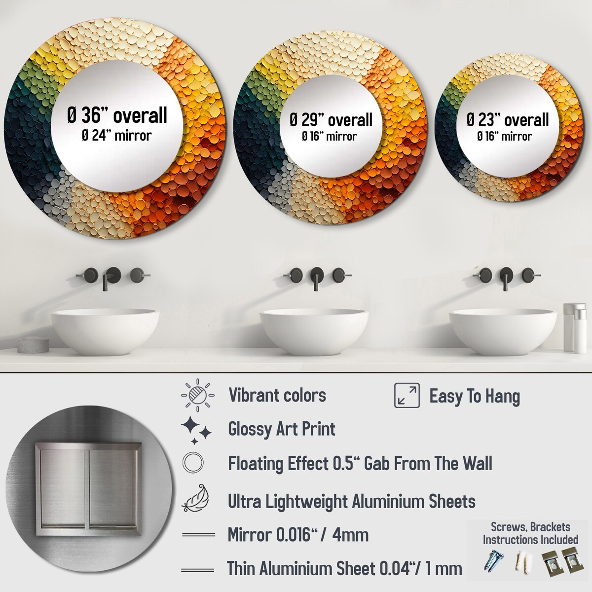 Designart "Hardedge Art Earthy Euphony V" Abstract Round Mirror For Wall Decor - Modern Multi-Color Bedroom Mirror