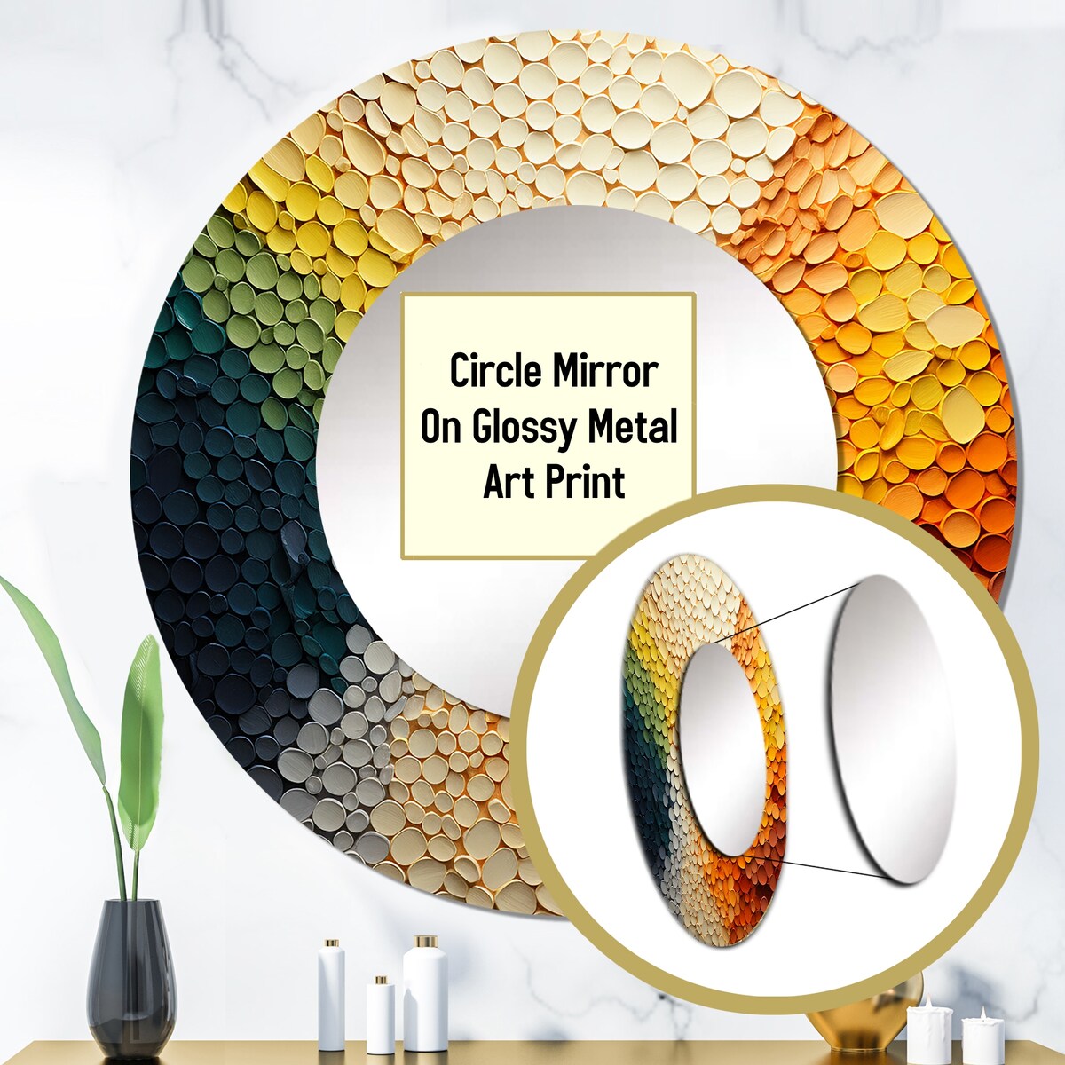 Designart "Hardedge Art Earthy Euphony V" Abstract Round Mirror For Wall Decor - Modern Multi-Color Bedroom Mirror