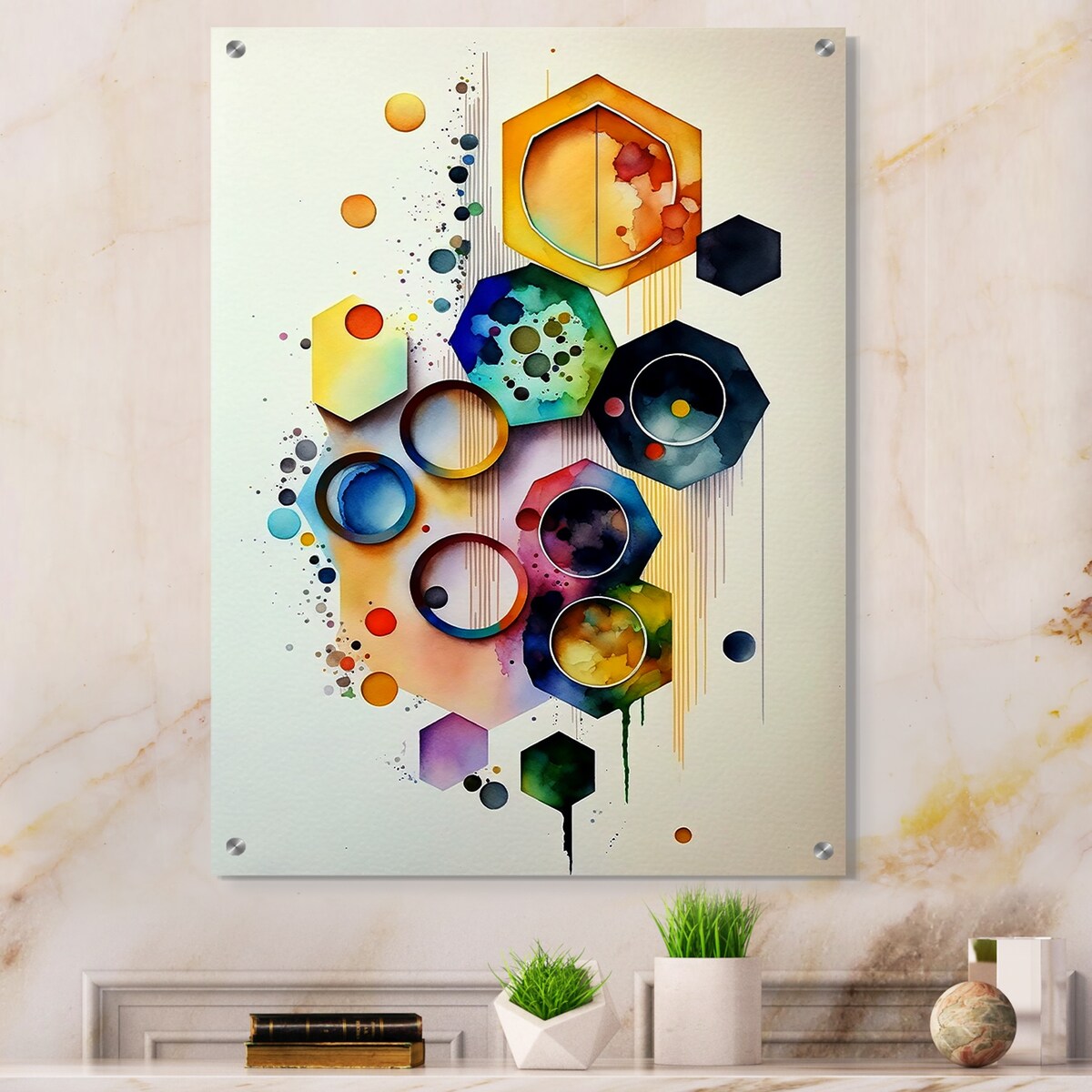 Designart "Hexagon And Circular Abstract II" Abstract Geometric Blue - Modern Acrylic Wall Art For Hallway Decor