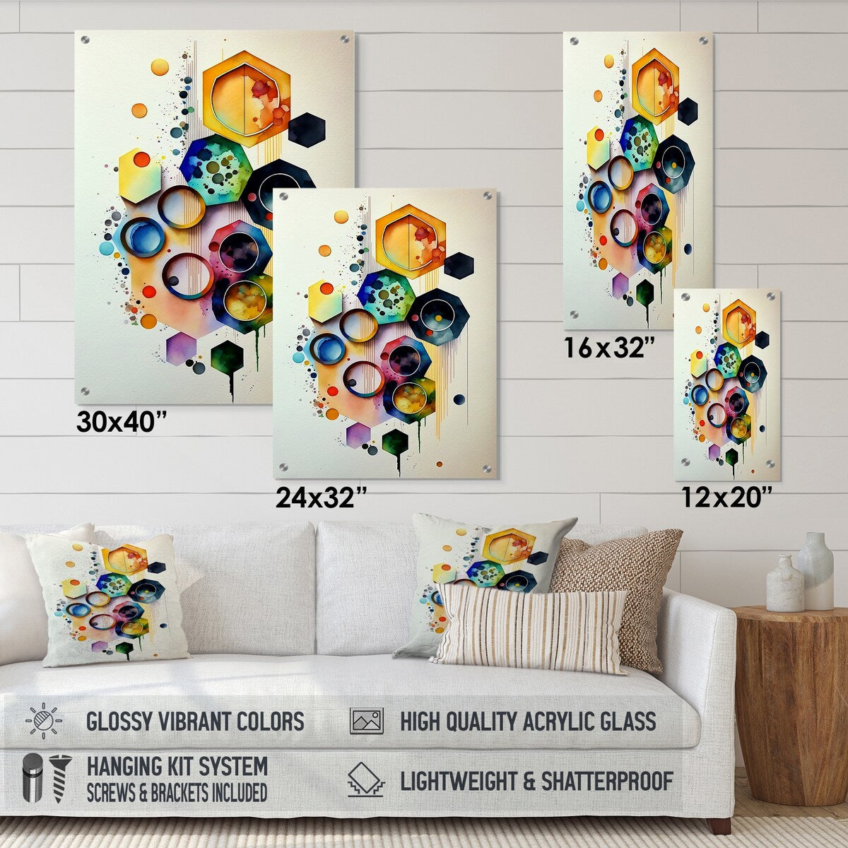 Designart "Hexagon And Circular Abstract II" Abstract Geometric Blue - Modern Acrylic Wall Art For Hallway Decor