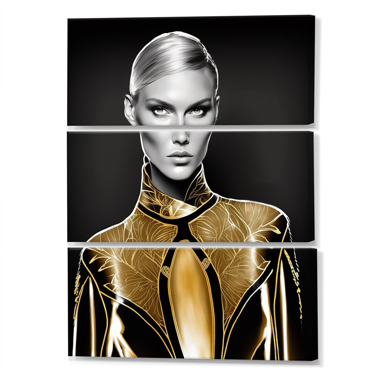 Designart "High Fashion Model Sketch In Gold III" Fashion Woman Canvas Art Print - 3 Panels