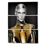 Designart "High Fashion Model Sketch In Gold III" Fashion Woman Canvas Art Print - 3 Panels