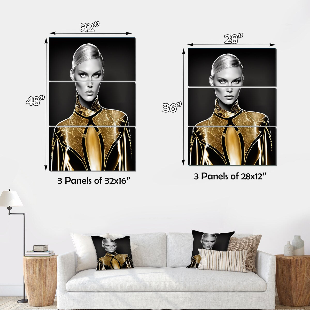 Designart "High Fashion Model Sketch In Gold III" Fashion Woman Canvas Art Print - 3 Panels