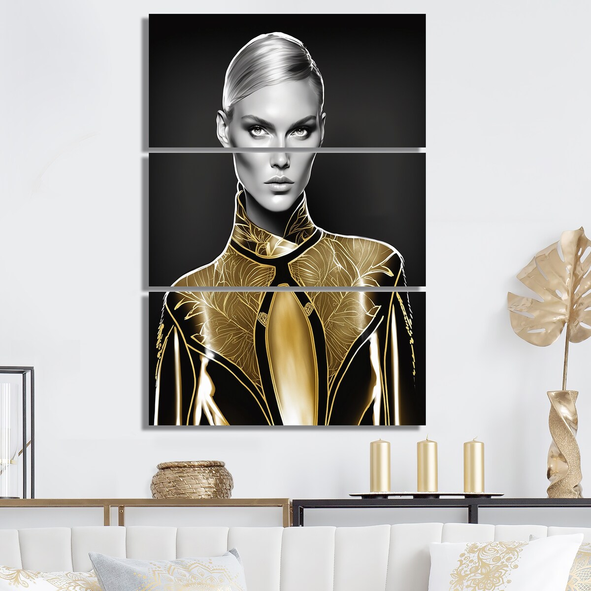 Designart "High Fashion Model Sketch In Gold III" Fashion Woman Canvas Art Print - 3 Panels