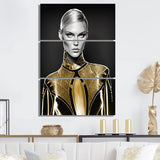 Designart "High Fashion Model Sketch In Gold III" Fashion Woman Canvas Art Print - 3 Panels